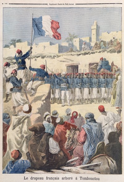 Het hijsen van de Franse vlag in Timboektoe (Mali) uit 